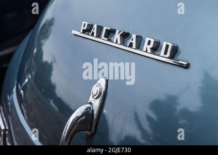 USA, Massachusetts, Essex. Antike Autos, Packard-Detail aus den 50er Jahren. Stockfoto