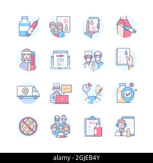Impfung - farbige Linien Design Stil Symbole gesetzt. Bilder auf weißem Hintergrund. Aktuelle Probleme der modernen Welt, die mit dem Coronavirus, Familienheilung, in Verbindung stehen Stock Vektor