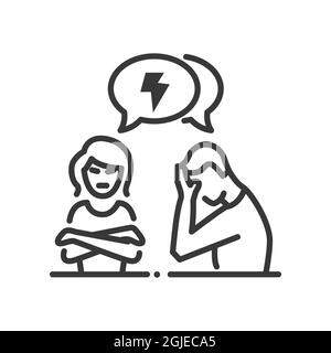 Konflikt zwischen zwei Personen - Vektorlinien-Design einzelnes isoliertes Symbol auf weißem Hintergrund. Hochwertiges schwarzes Piktogramm. Ein Mann und eine Frau können nicht finden Stock Vektor