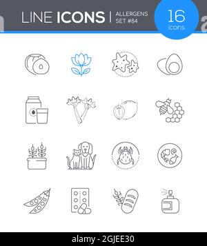 Allergene - modernes Line Design Stil Icon-Set. Dinge, die eine unangenehme Körperreaktion verursachen können - Atemprobleme, Ausschlag, allergische Reaktionen. Dange Stock Vektor