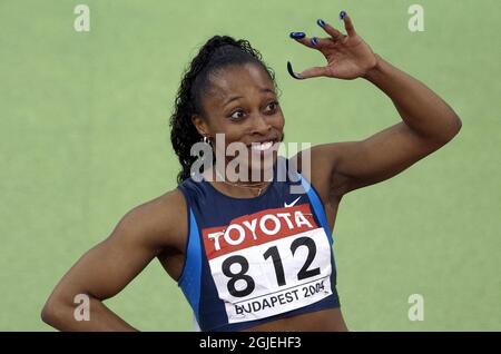 Gail Devers feiert den Gewinn der 60-Meter-Frauen in den USA Stockfoto