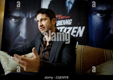 Gerard Butler während eines Interviews, um den neuen Film Law Abiding: Der bleibende, der in den Film aufgenommen wurde. Stockfoto