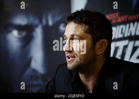 Gerard Butler während eines Interviews, um für seinen neuen Film Law Abiding: Stockfoto