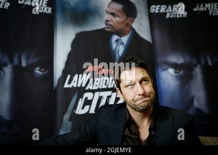 Gerard Butler während eines Interviews, um für seinen neuen Film Law Abiding: Stockfoto