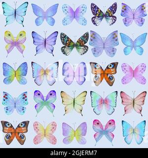 Nahtlose botanische Sommer-Muster mit bunten Aquarell-Schmetterlinge auf blauem Hintergrund. Aquarell handgezeichnet Botanik Schmetterling endlose Textur. Pr Stockfoto