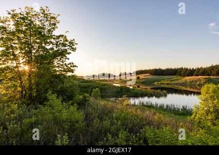 Untergehende Sonne über einem kleinen See im Cub Creek Recreation Area in der Nähe von Springview, Nebraska, USA Stockfoto