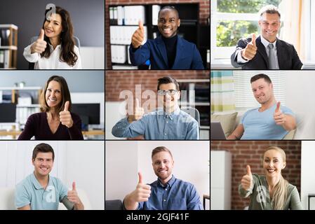 Die Daumen Für Videokonferenzen Sind Höher. Diverse Gruppenportraits Stockfoto