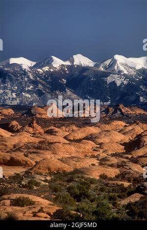 USA, Utah, Arches National Park. Versteinerte Sanddünen unter den schneebedeckten La Sal Mountains. Stockfoto