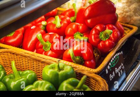 Metzgerei Display von Gemüse zum Verkauf in Middleburg, Stadt in Virginia, Loudoun County, USA. Stockfoto