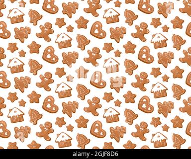 Festliches Nahtloses Muster mit weihnachtlichen Lebkuchen. Cartoon-Zeichnungsstil isoliert auf weißem Hintergrund. Vektorhintergründe für Neujahr. Stock Vektor