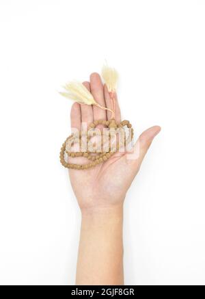 Buddhistische Gebetsperlen auf der Hand. Meister der chinesischen Kampfkunst, isoliert auf Weiß. Stockfoto