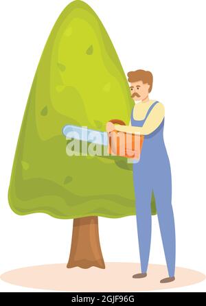 Kettensäge Tannenbaum schneiden Symbol Cartoon-Vektor. Gartenhecke. Arbeiter Stock Vektor