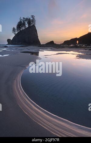 Second Beach Gezeitenbecken während der Dämmerung oder zur Blauen Stunde, Olympic National Park in der Nähe von La Push, Washington State Stockfoto