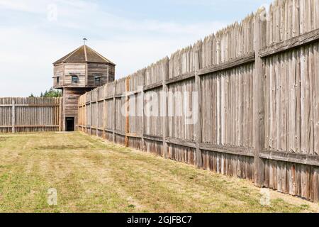 USA, Washington State, Fort Vancouver National Historic Site. Stockade und Wachturm im Fort Vancouver der Hudson's Bay Company. Stockfoto