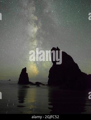 Die Milchstraße, die sich hinter dem Meer erhebt, stapelt sich am Ruby Beach, Olympic National Park, Washington State. Stockfoto