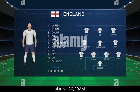 Fußball-Anzeigetafel Broadcast Grafik Vorlage mit Kader Fußballmannschaft England Stock Vektor