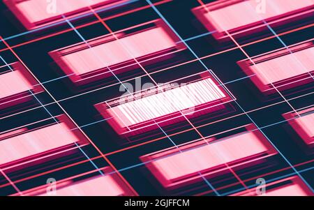 Barcode mit schwarzem Hintergrund, 3d-Rendering. Digitale Zeichnung des Computers. Stockfoto