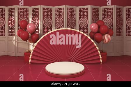 Leere Bühne und raum im chinesischen Stil, 3d-Rendering. Digitale Zeichnung des Computers. Stockfoto