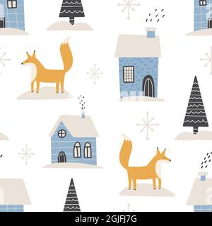 Weihnachten Muster Winter Wald skandinavische Hand gezeichnet nahtlose Muster. Neujahr, Weihnachten, Feiertage Textur mit Tannenbaum für Druck, Papier, Design Stock Vektor