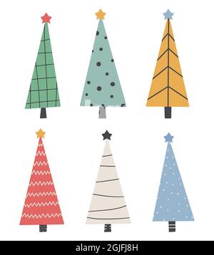 Cute Christmas Trees Set - handgezeichnetes kindliches Design Neujahr, Weihnachten, Feiertage Vektor-Illustration Stock Vektor