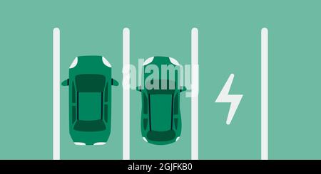 Parkplatz für Elektroautos. Zwei Öko-Autos auf Parkplatz zum Aufladen, ein Draufsicht. Vektorgrafik EPS 10 Stock Vektor