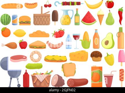 Symbole für Picknick-Lebensmittel setzen Cartoon-Vektor. Korbplatten. Beutel Brot Stock Vektor