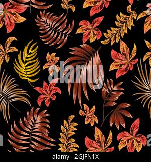 Nahtloses Muster mit hellen Blumen und tropischen Palmenblättern auf dunklem Hintergrund. Botany Vektor Hintergrund, Dschungel Tapete. Stock Vektor