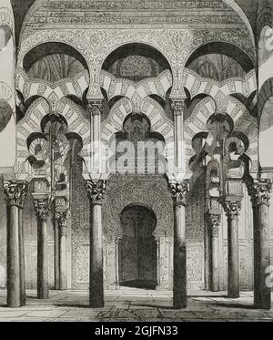 Spanien, Andalusien, Cordoba. Große Moschee von Cordoba oder Kathedrale unserer Lieben Frau von der Himmelfahrt. Innen. Loppbögen im Vorraum des Mihrab. Gravur. Las Glorias Nacionales. Band III, Ausgabe Madrid-Barcelona, 1853. Stockfoto