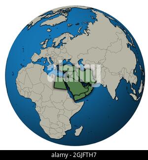 Territorium und Grenzen der Region im Nahen Osten auf der Weltkarte isoliert über Weiß Stockfoto