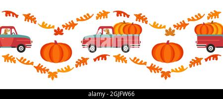 Rote Bauernhof LKW mit Kürbissen flache Farbe nahtlose Vektor-Grenze Stock Vektor