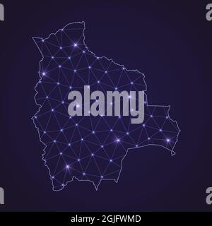 Digitale Netzwerkkarte von Bolivien. Abstrakte Verbindungslinie und Punkt auf dunklem Hintergrund Stock Vektor