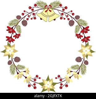 Weihnachtskranz mit Blumenmuster und Glocken und Weihnachtsstern Stock Vektor