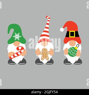 Weihnachtsknome mit Zuckerrohr, Geschenk und Ornament Lebkuchenmann Stock Vektor