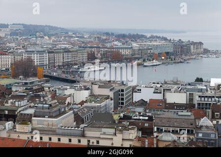 Genf, Schweiz - 26. November 2016: Stadtbild des Genfer Zentralbezirks und des Genfer Sees Stockfoto