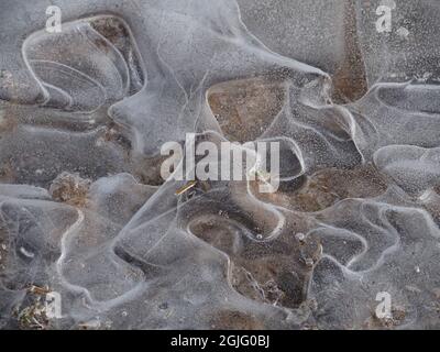 Tiefkühltruhe - abstrakte Eismuster, die von der Natur in gefrorener Hochland-Pfütze im Winter - Cumbria, England, UK Stockfoto