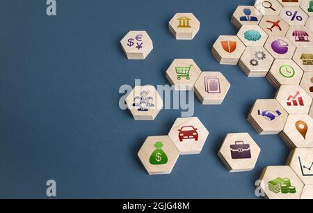 Erstellen Sie ein Geschäftsmodell aus Attributen. Gründung eines erfolgreichen Unternehmens. Entwicklung von Führungskompetenzen. Business-Tools und -Services Stockfoto