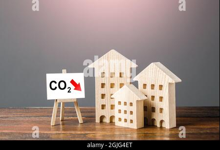 Green House und Staffelei mit CO2-Reduktion. Umweltfreundlich. Verbesserung von Versorgungsunternehmen und Energieeffizienz. Auswirkungen auf die Umwelt. Verringern Stockfoto