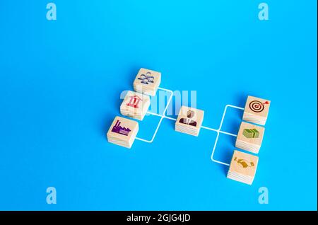 Geschäftsmann führt ein Unternehmen. Arbeiten mit Geschäftstools und Unternehmenskomponenten. Personalwesen, Marketing. Finanzielle Angelegenheiten, organisatorische Kommunikation Stockfoto