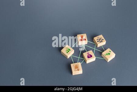 Verknüpfung von Geschäftsattributen in einer Struktur. Gründung eines erfolgreichen Unternehmens. Führungskompetenz in der Organisation. Business-Tools-Services. Stimulati Stockfoto