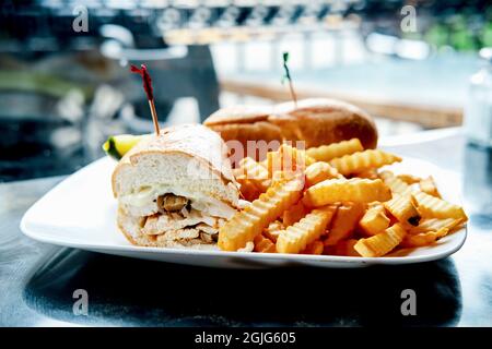 Gegrilltes Hähnchen Philly Cheesesteak mit geschmolzenen Käsepilzen und Pommes frites Stockfoto