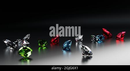 Verschiedene Schnitte von farbigen Diamanten, Saphiren und Smaragden auf schwarzem Hintergrund Stockfoto