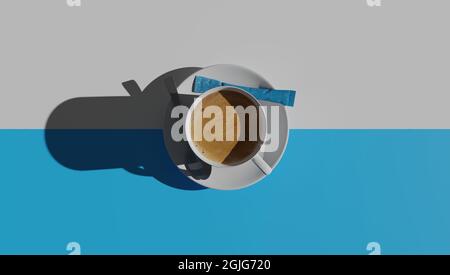 Draufsicht auf die Kaffeetasse. Isoliert über weiß und blau Stockfoto