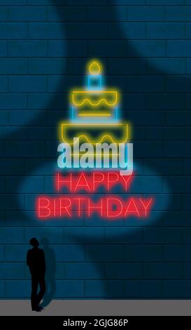 Ein Mann mit Silhouetten sieht auf ein silhouetted Happy Birthday Neon-Schild an einer Backsteinmauer. Dies ist eine 3-d-Abbildung. Stockfoto