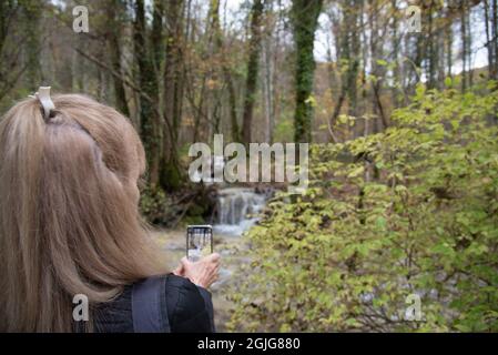 Frau, die mit ihrem Mobiltelefon Fotos von einer Landschaft mit einem Bach gemacht hat, der im Herbst von Bäumen umgeben ist Stockfoto