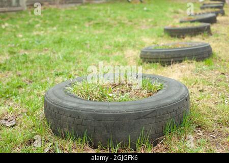 Reifen liegen auf der Straße. Autoreifen liegen auf dem Gras. Vom Auto aus in die Bodenräder eingewachsen. Stockfoto