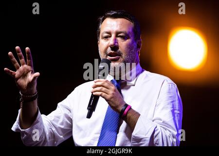 Turin, Italien. 09. September 2021. Matteo Salvini spricht während einer Veranstaltung im Rahmen des Wahlkampfs von Paolo Damilano für den Bürgermeister von Turin. Kredit: Nicolò Campo/Alamy Live Nachrichten Stockfoto