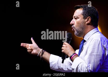 Turin, Italien. 09. September 2021. Matteo Salvini spricht während einer Veranstaltung im Rahmen des Wahlkampfs von Paolo Damilano für den Bürgermeister von Turin. Kredit: Nicolò Campo/Alamy Live Nachrichten Stockfoto