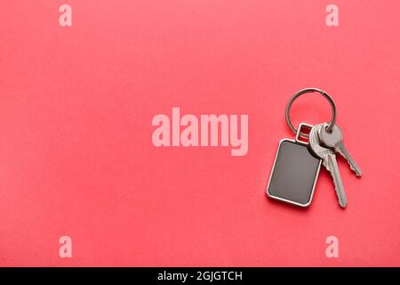 Schlüssel mit stilvollem Schlüsselbund auf farbigem Hintergrund Stockfoto