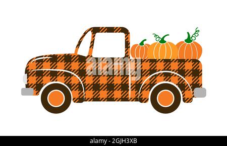 Herbst Retro-LKW mit Kürbissen. Herbst Büffelkarierte Pickup. Vektor-Vorlage für Thanksgiving-Karte, Banner, Poster, Flyer, etc. Stock Vektor