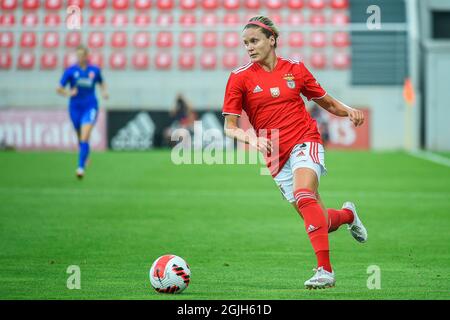 Seixal, Portugal. September 2021. Cloe Lacasse aus Benfica in Aktion während des UEFA Women's Champions League Round 2, Qualifying Match der 2. Etappe zwischen Benfica und Twente auf dem Futebol Campus. (Endnote: Benfica 4:0 Twente) (Foto: Bruno de Carvalho/SOPA Images/Sipa USA) Quelle: SIPA USA/Alamy Live News Stockfoto